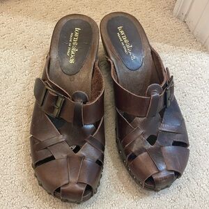 Town Shoes Brown Woven Leather Buckle Clog Mule